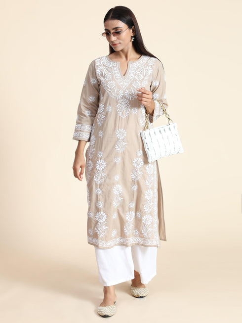 Aanchal in HOK Chikankari Long Kurti for Women Beige & White-2